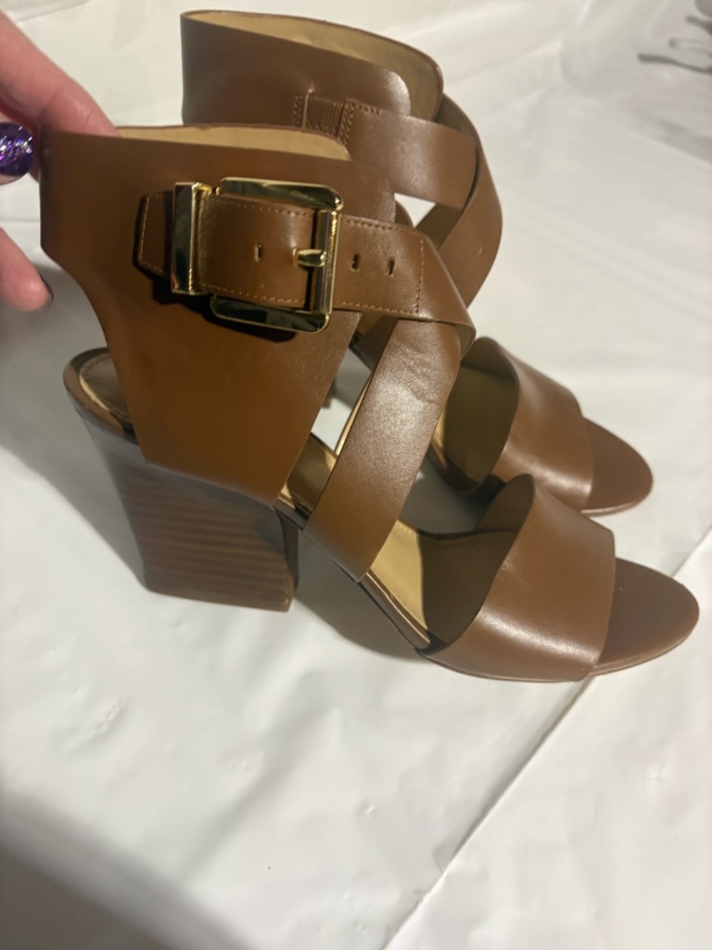 Michael Kors Cognac Brown Leather Block Heel Sandals with Gold Buckle